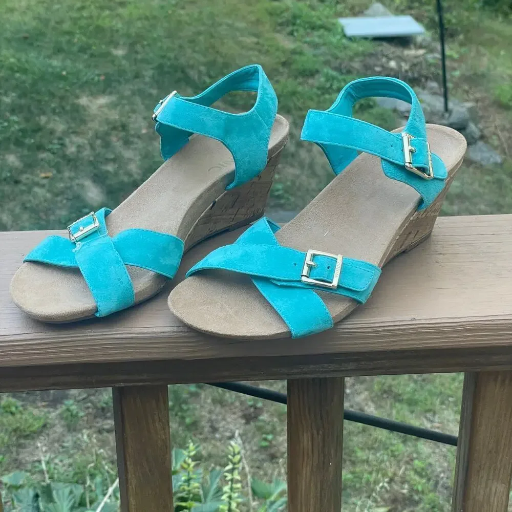 VIONIC Anka Teal Suede Leather Sandal Cork Wedges Size 7